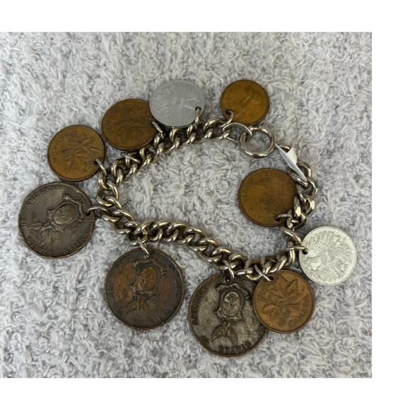 Vintage Multi National Coin Silver Tone Bracelet 6.75" #65108 - Picture 4 of 6